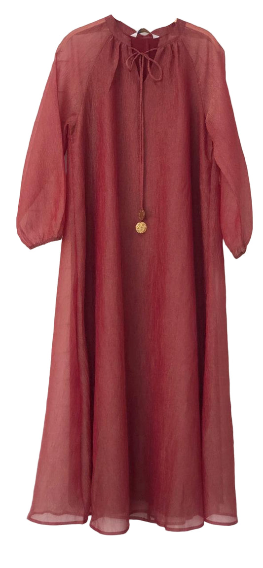 Red dress with long sleeves and a button