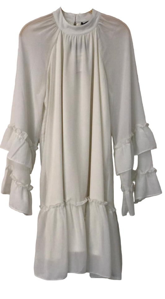 White dress with sheer sleeves and ruffled hem