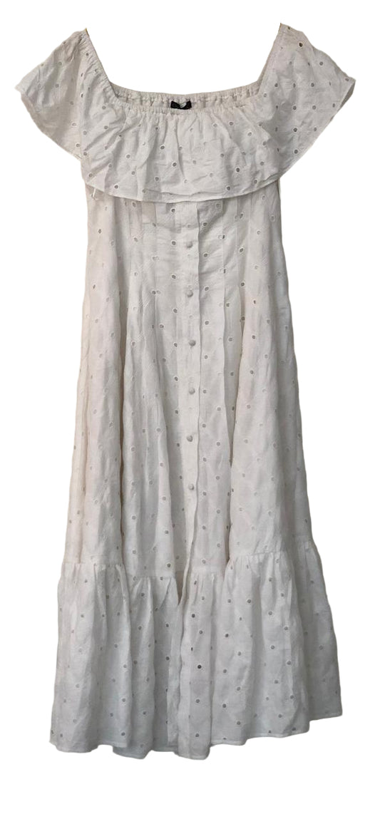 White off-shoulder dress with small patterns