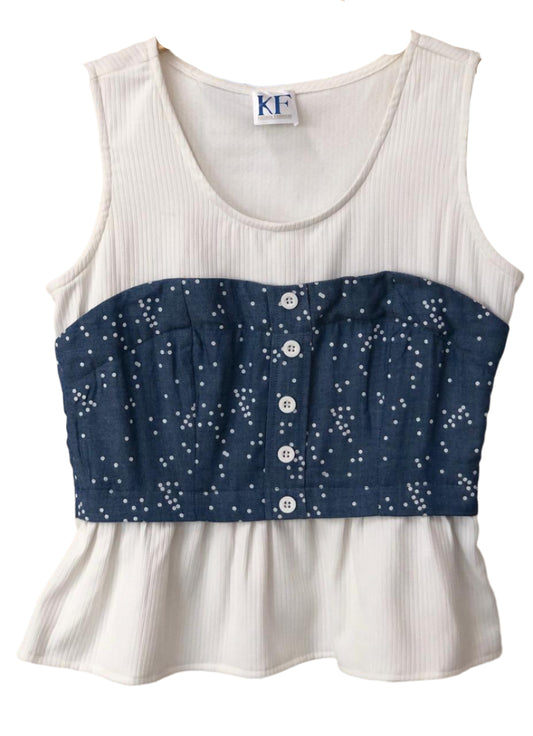 White tank top with a blue patterned top