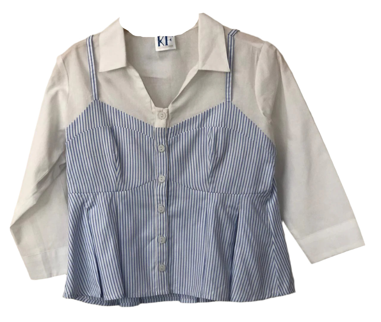 Two-tone shirt with blue and white stripes and beige sleeves