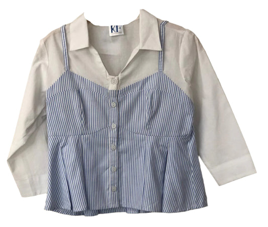 Two-tone shirt with blue and white stripes and beige sleeves
