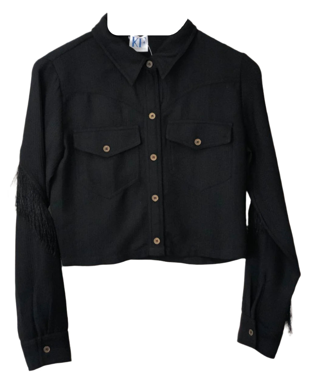 Black jacket with frayed sleeves