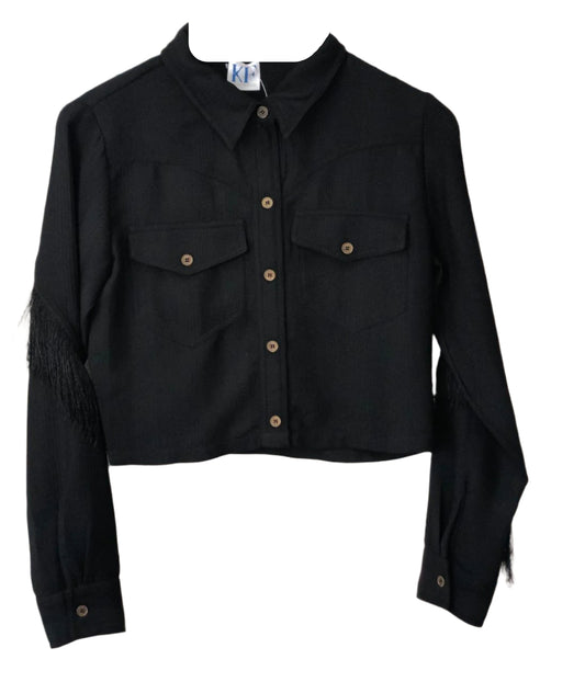 Black jacket with frayed sleeves