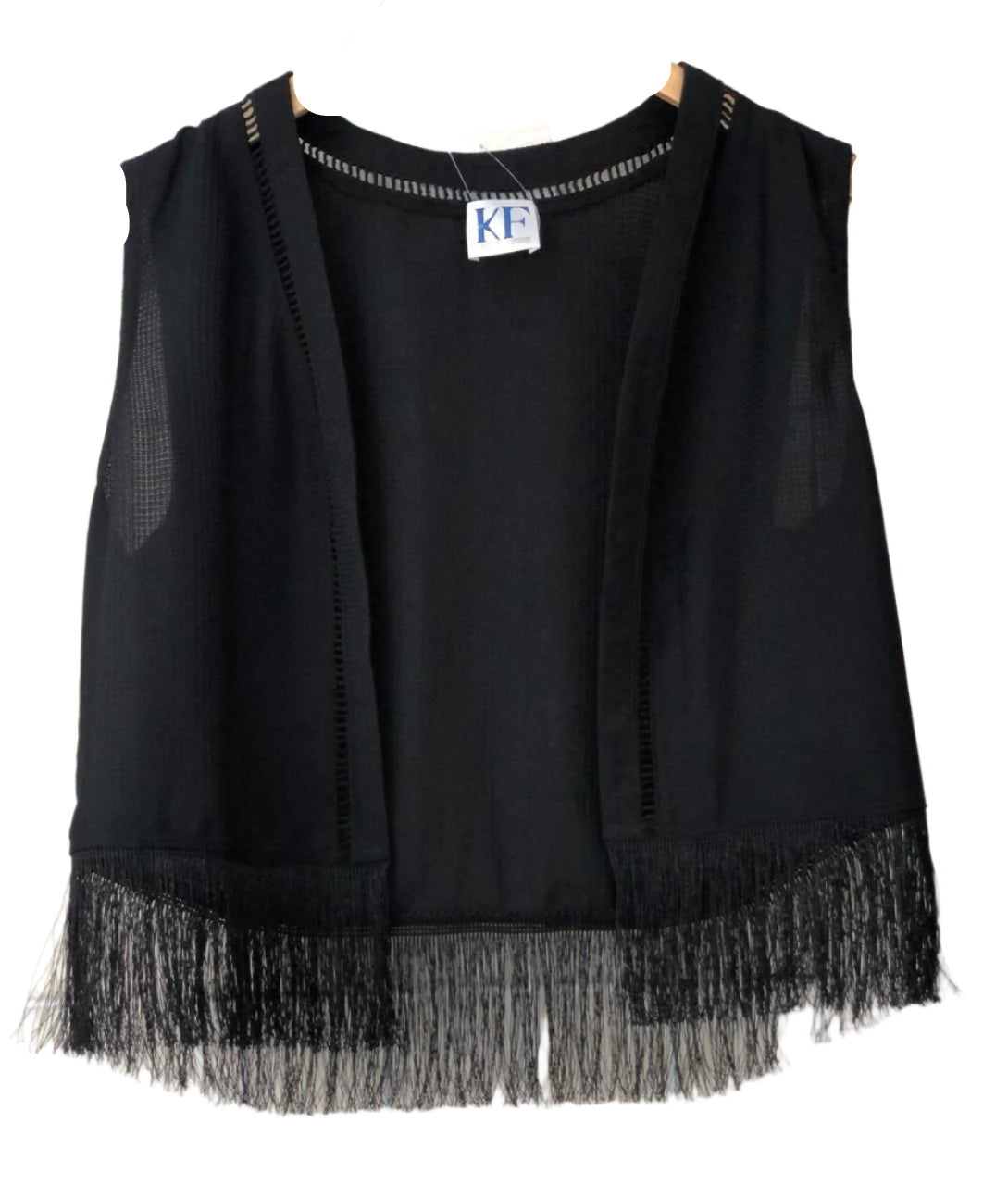 Black sleeveless top with fringe details