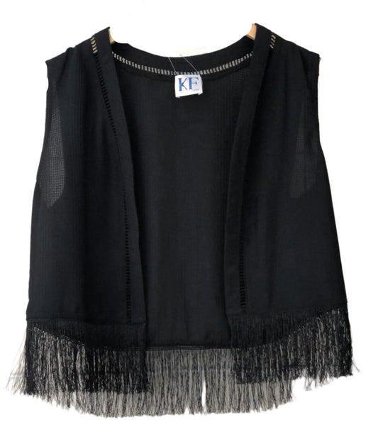 Black sleeveless top with fringe details