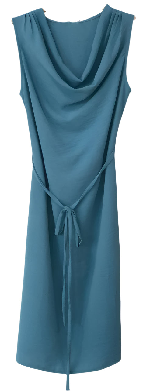 Teal sleeveless dress with a draped neckline