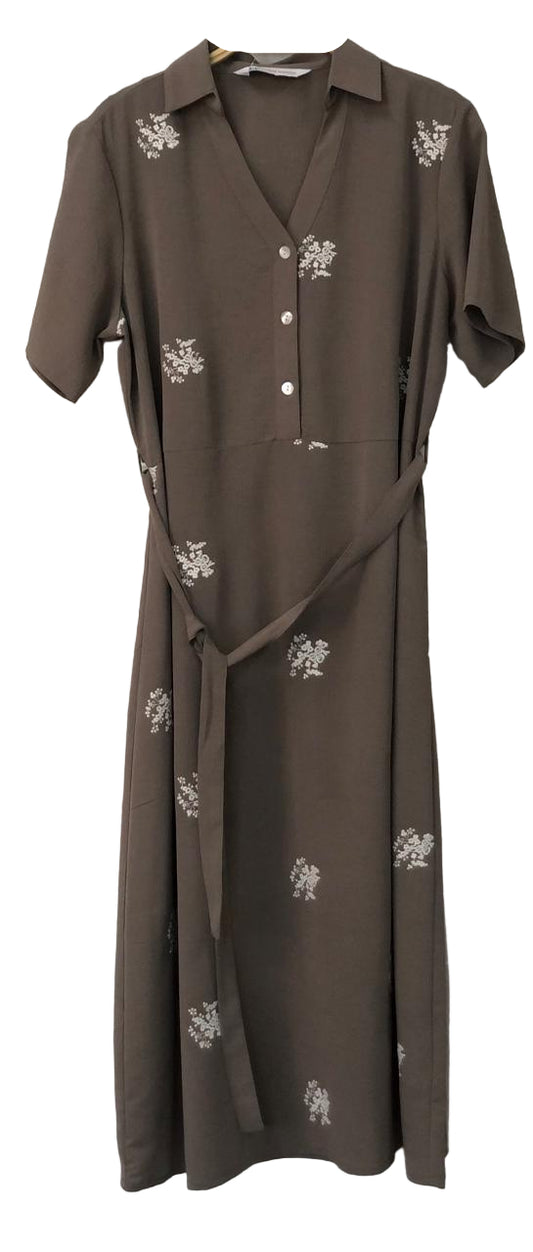 Brown dress with white floral pattern