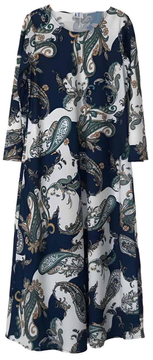 Navy Blue Dress with White and Green Paisley Pattern