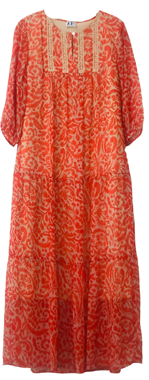 Red Patterned Dress  with Lace Neckline