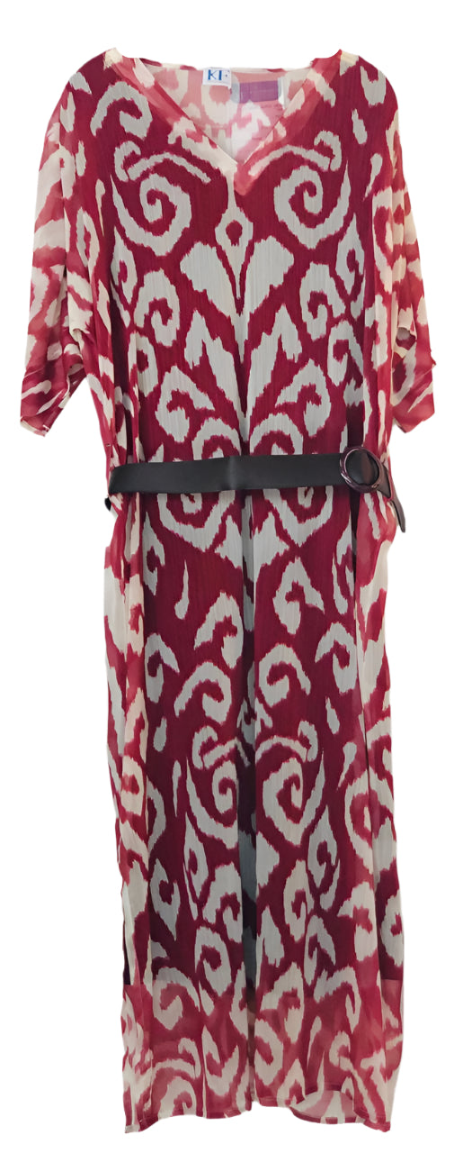 V-Neck Red and White Patterned Dress