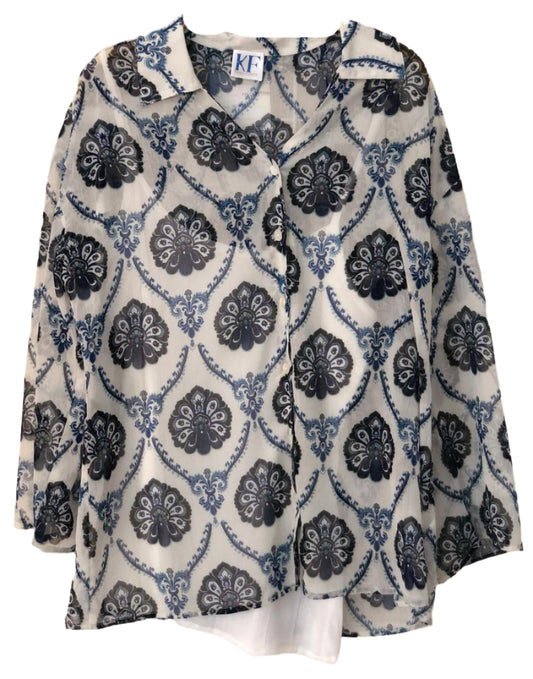 Blue and white patterned shirt