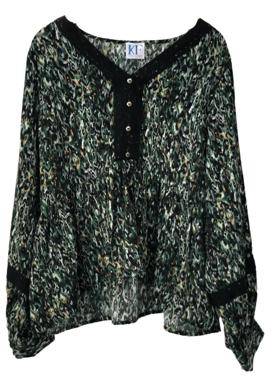 Green patterned blouse with black trim
