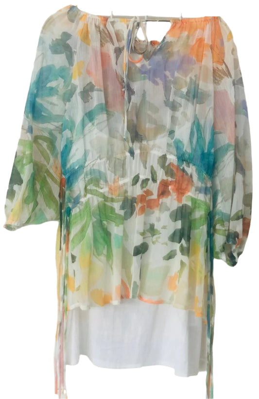 Colorful Floral-Patterned Sheer Top