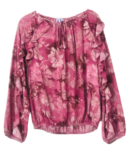 Pink Floral Blouse with Ruffled Sleeves