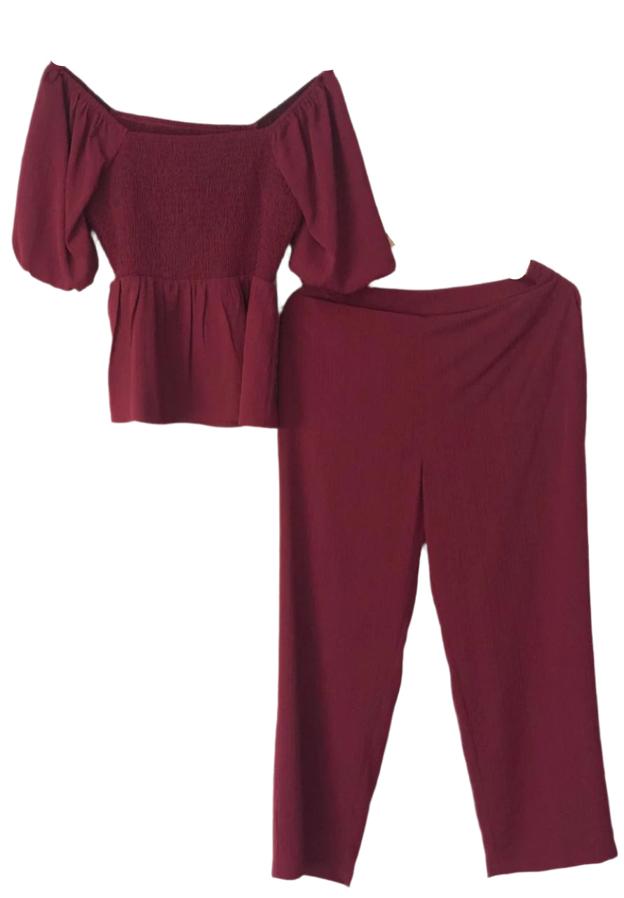 Burgundy off-shoulder top and pants ( Co-Ords )