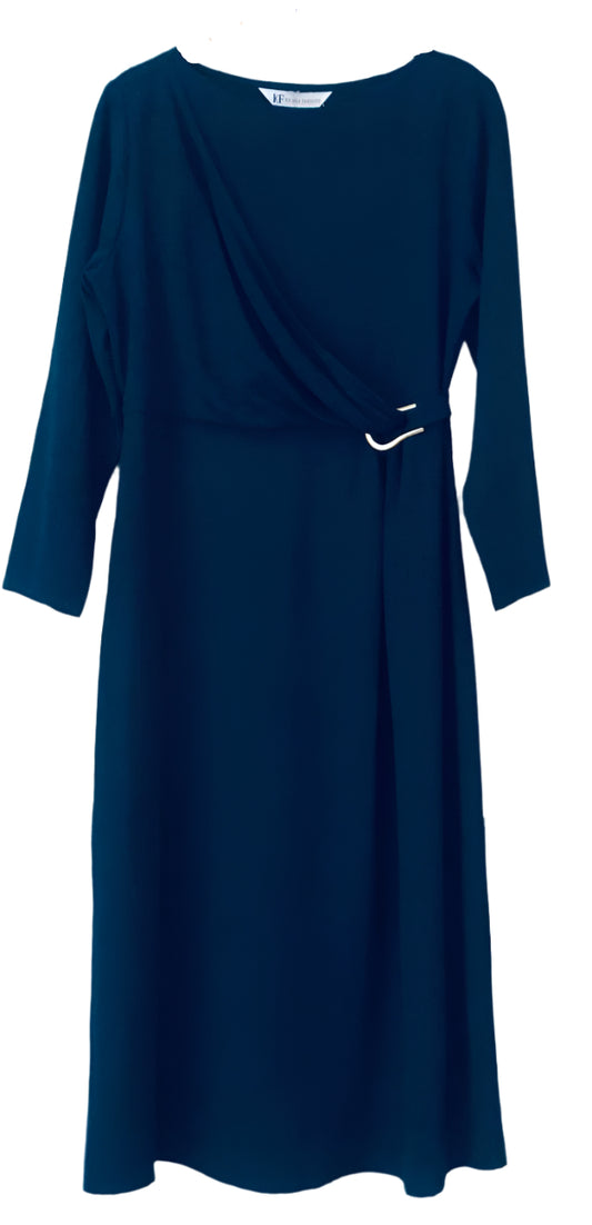 Navy Blue Dress with a Draped Neckline