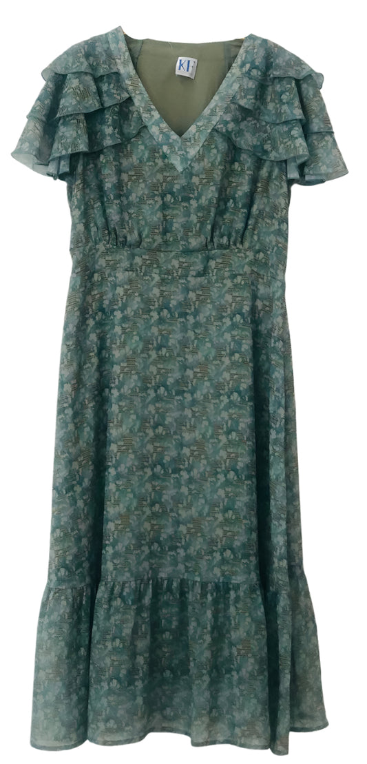 Green Floral dress with Ruffled Sleeves