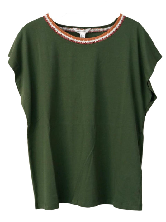 Green dress with a decorative neckline