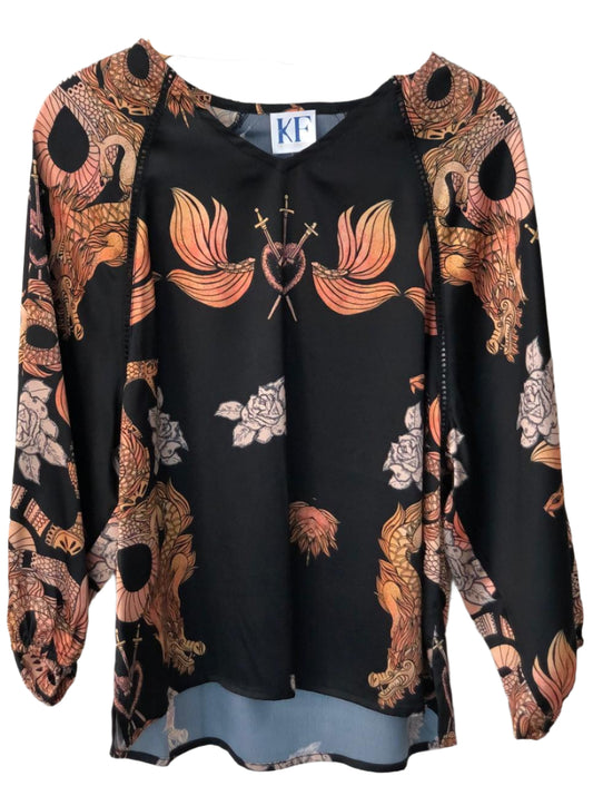 Black blouse with floral patterns
