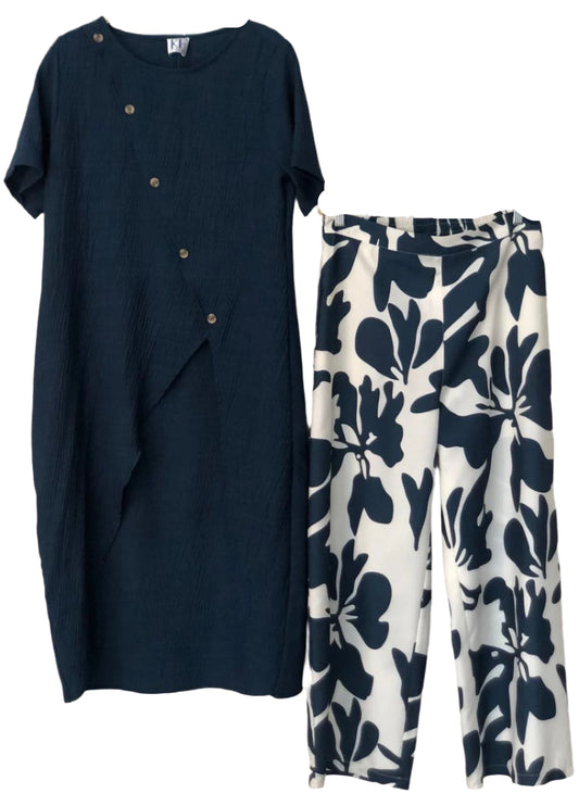 Navy dress and white pants with black floral pattern (Co-Ords Set)