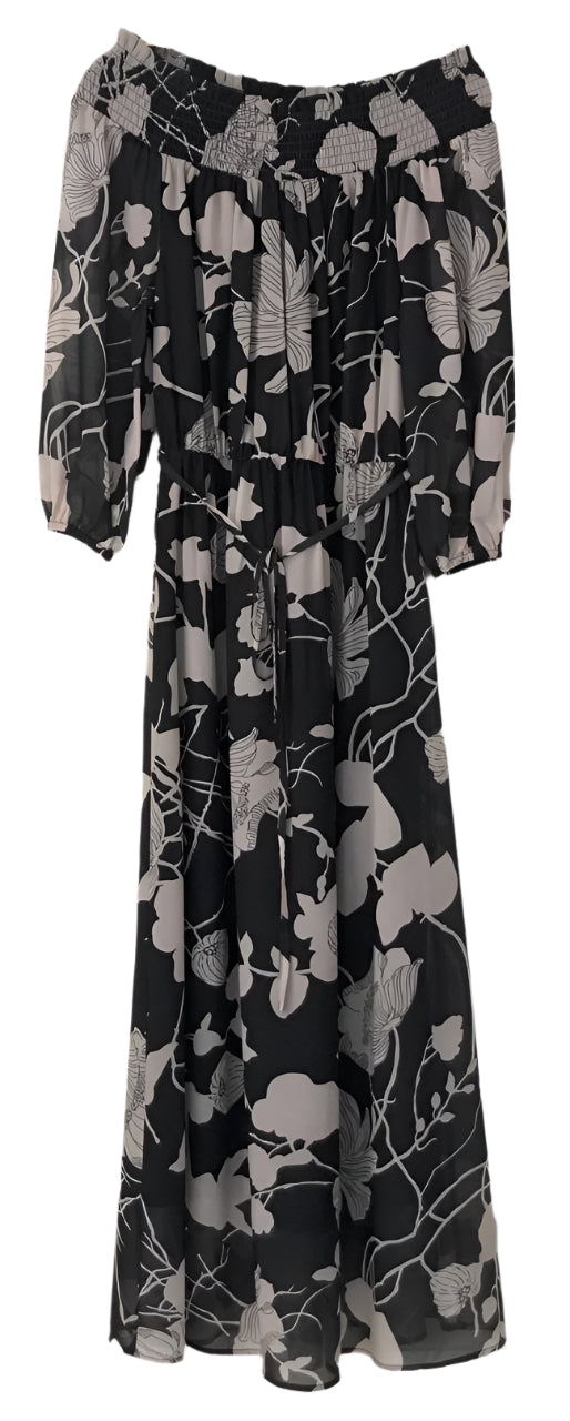 Long black dress with floral pattern