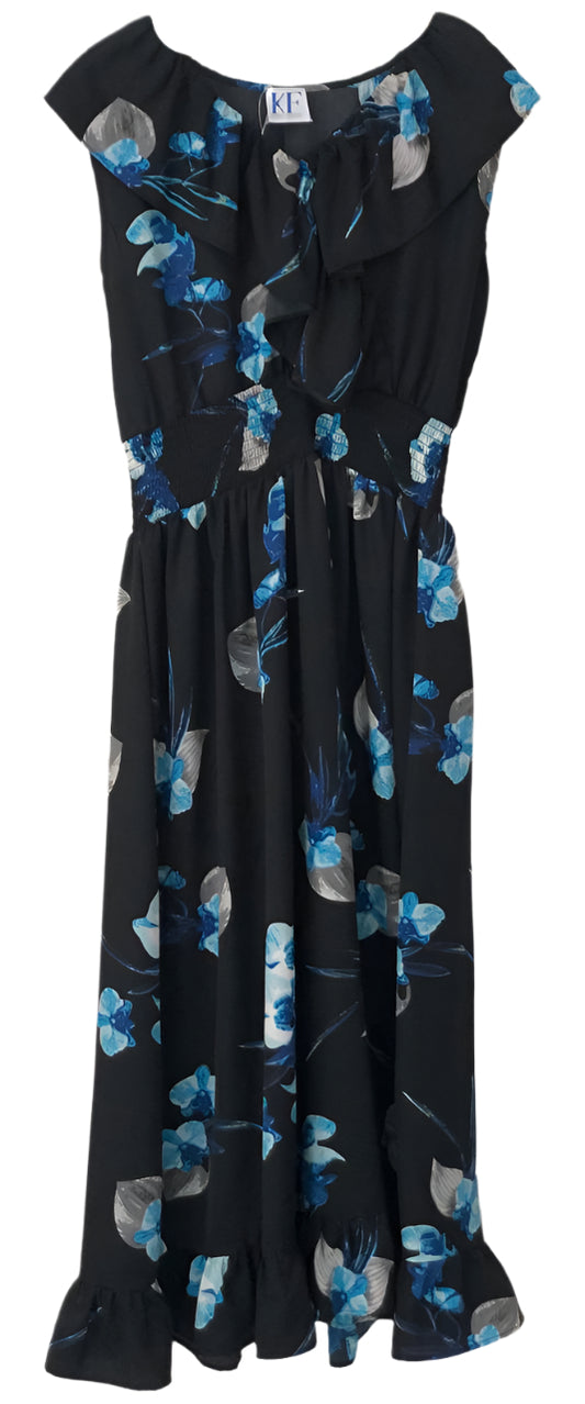 Black dress with blue floral pattern