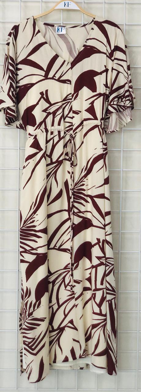 Beige Dress with Brown Leaf Pattern